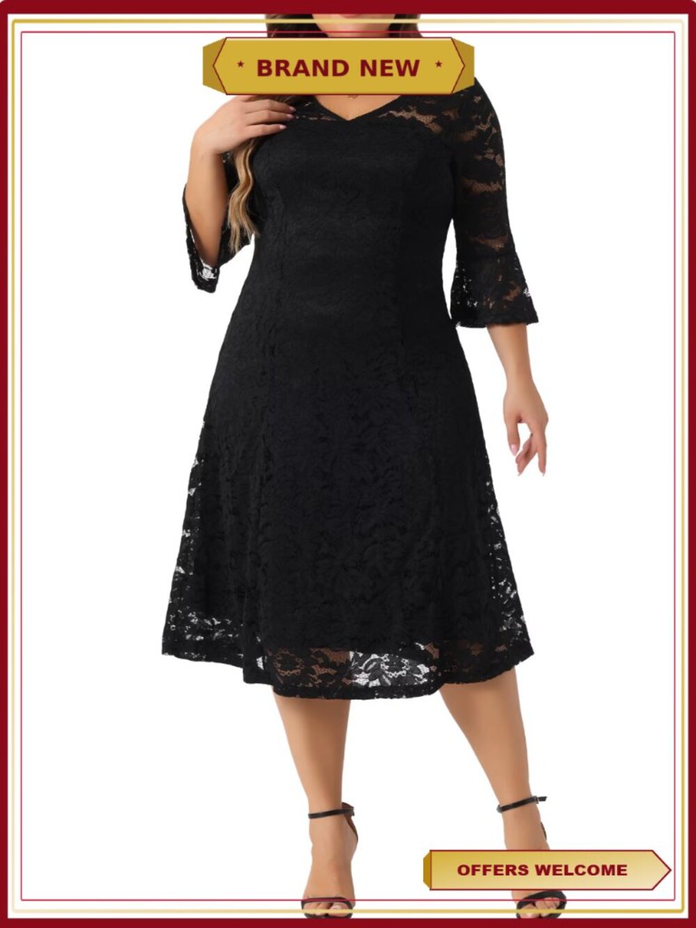 Plus Size Lace V-Neck 3/4 Sleeve Midi Evening Dress Slim Fit